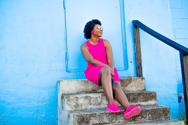 Pink Summer Knit Dress featured by top Atlanta fashion blogger, Hurry in Time: woman in a pink outfit sitting on steps outside