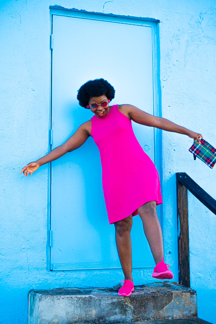 Pink Summer Knit Dress featured by top Atlanta fashion blogger, Hurry in Time: woman in a pink outfit standing on steps outside