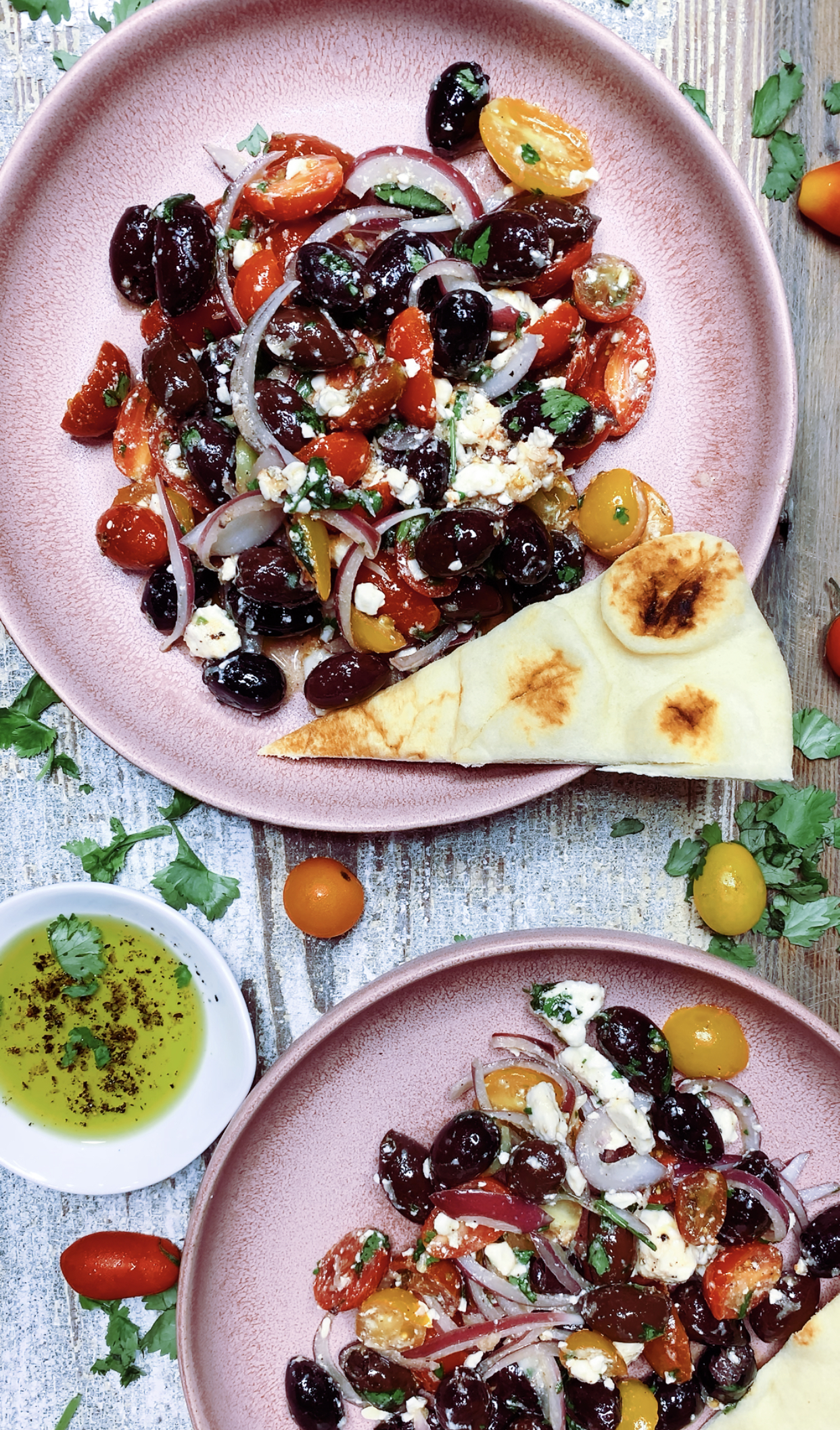 A Black Olive and Tomato Salad with Toasted Naan featured by top Atlanta lifestyle blogger, Hurry in Time
